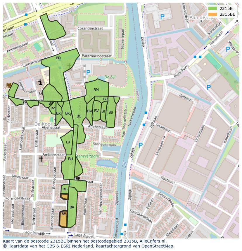 Afbeelding van het postcodegebied 2315 BE op de kaart.