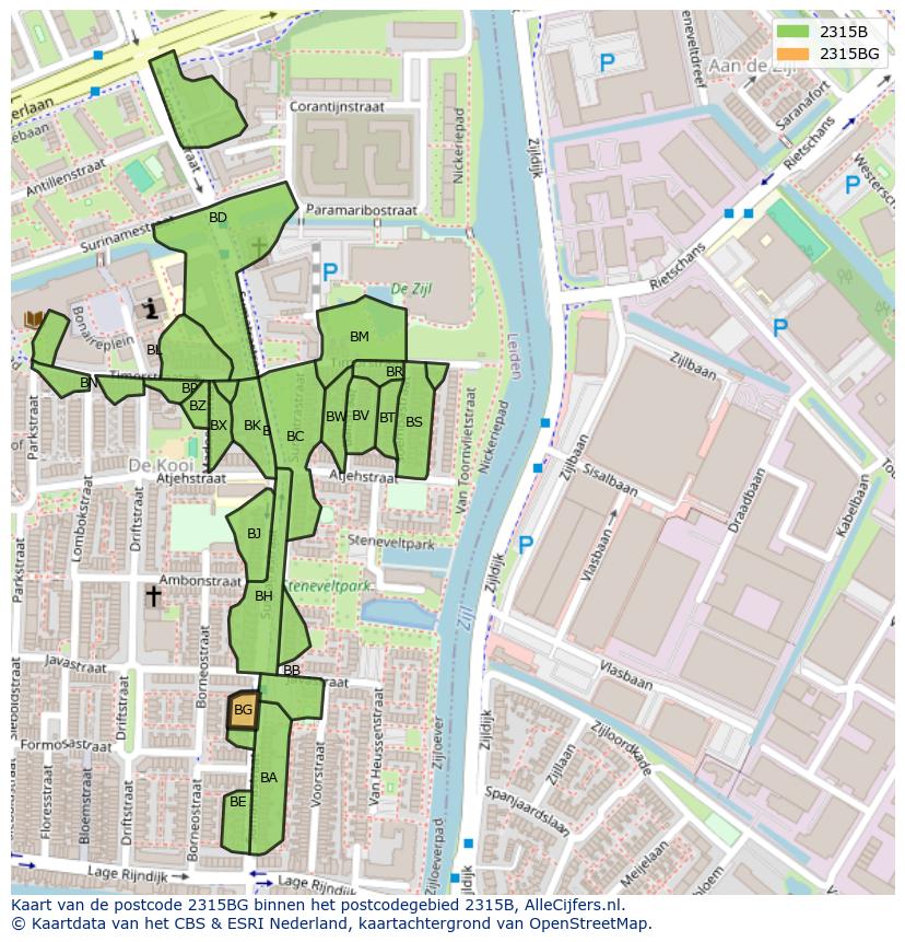 Afbeelding van het postcodegebied 2315 BG op de kaart.