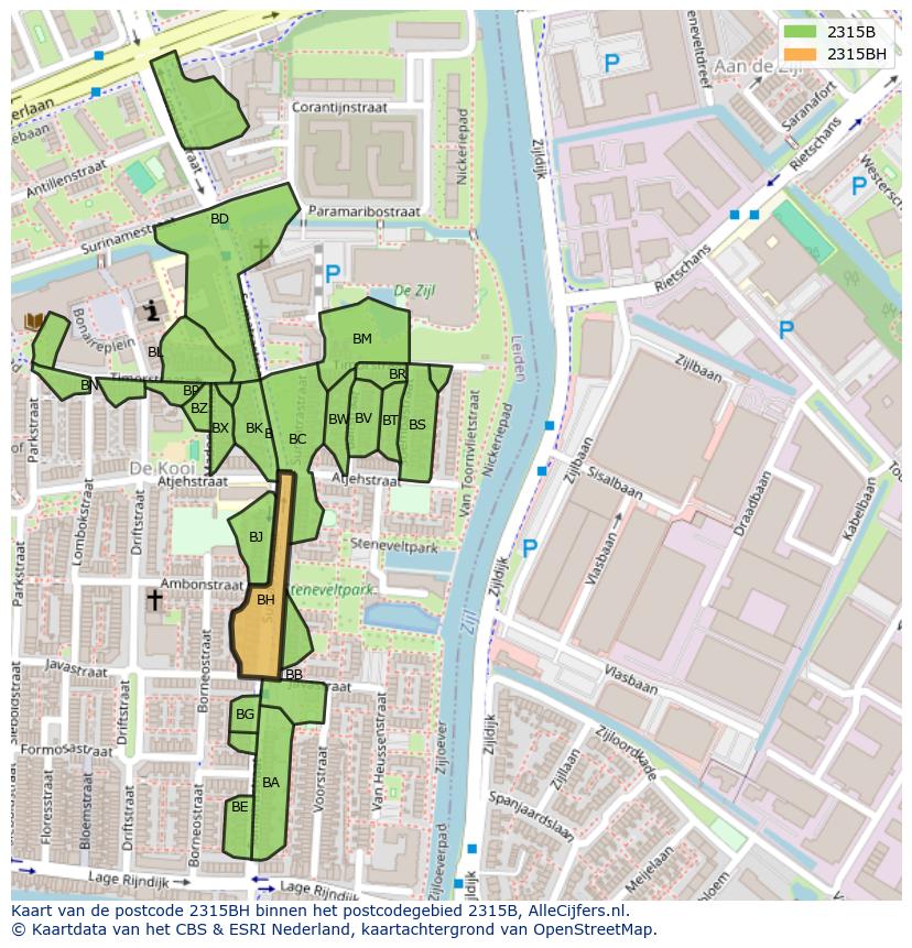 Afbeelding van het postcodegebied 2315 BH op de kaart.