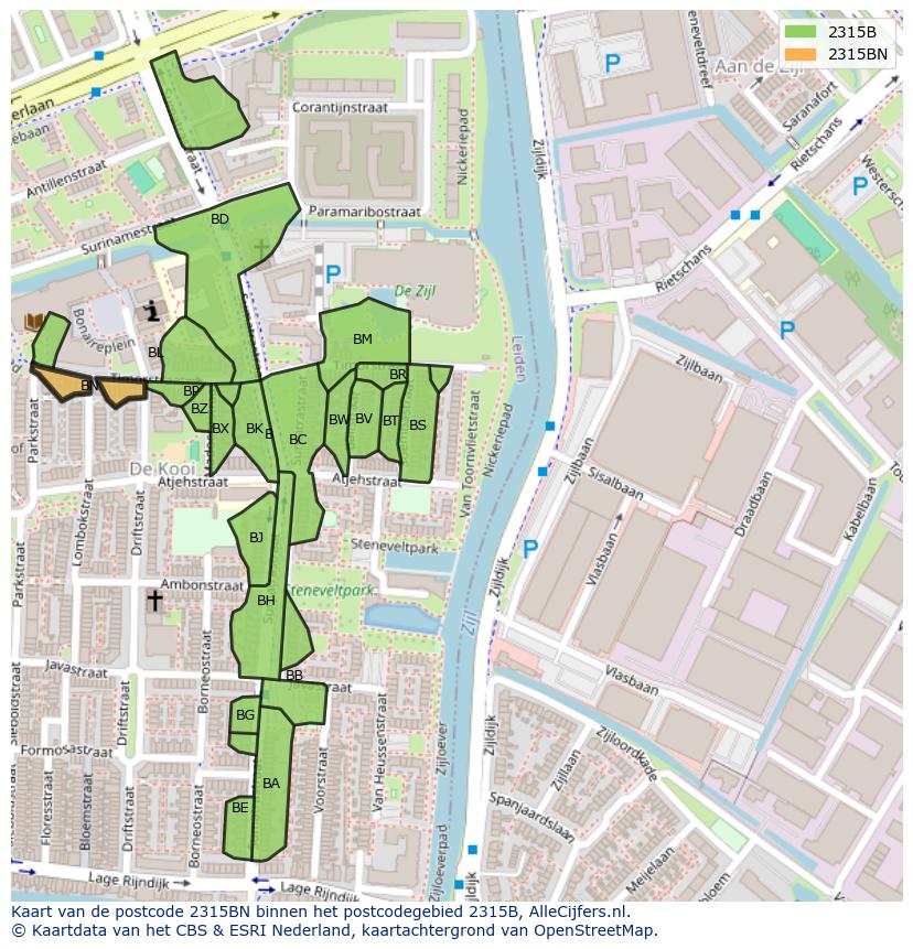 Afbeelding van het postcodegebied 2315 BN op de kaart.