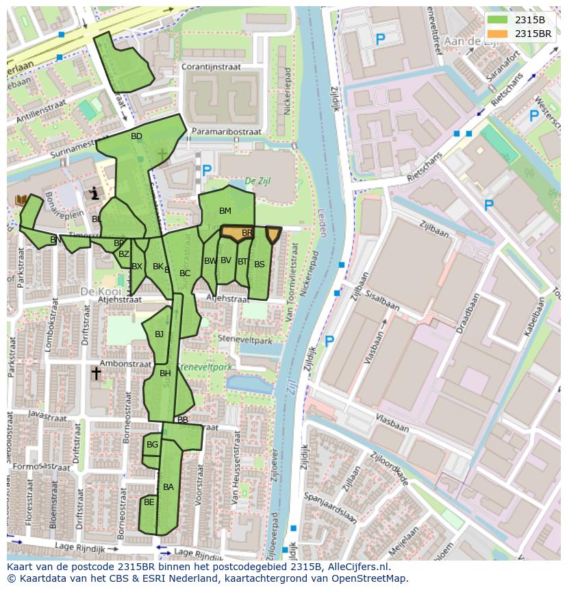 Afbeelding van het postcodegebied 2315 BR op de kaart.