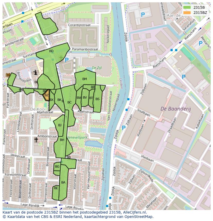 Afbeelding van het postcodegebied 2315 BZ op de kaart.