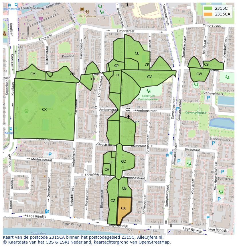 Afbeelding van het postcodegebied 2315 CA op de kaart.