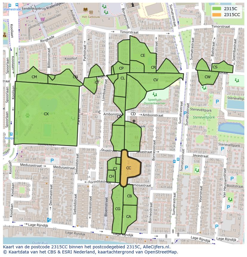 Afbeelding van het postcodegebied 2315 CC op de kaart.