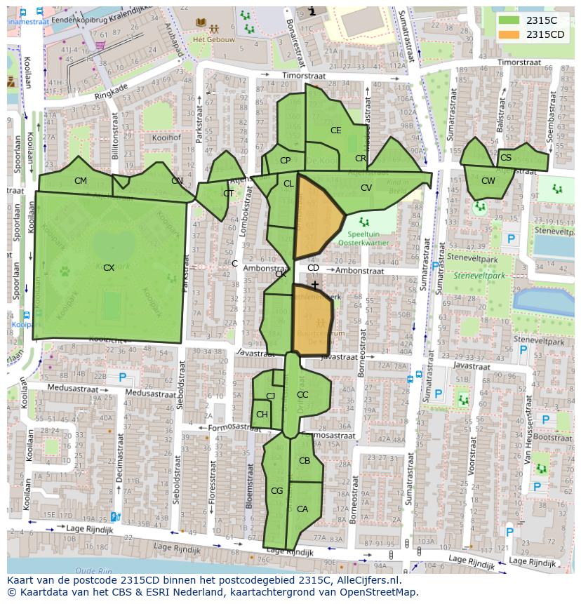 Afbeelding van het postcodegebied 2315 CD op de kaart.