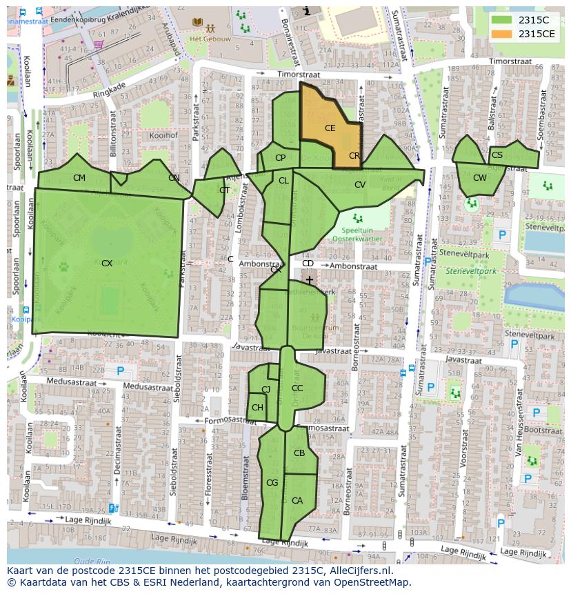 Afbeelding van het postcodegebied 2315 CE op de kaart.