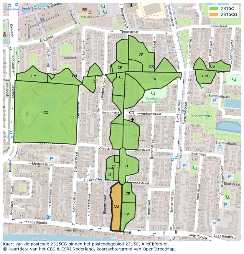 Afbeelding van het postcodegebied 2315 CG op de kaart.
