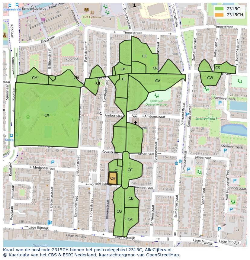 Afbeelding van het postcodegebied 2315 CH op de kaart.