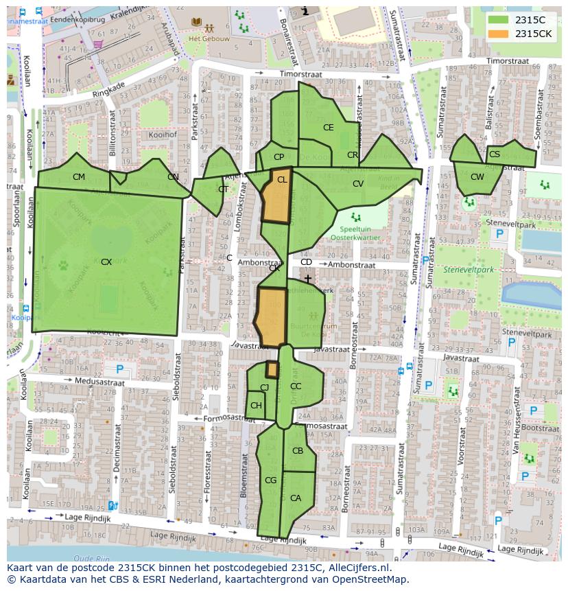 Afbeelding van het postcodegebied 2315 CK op de kaart.