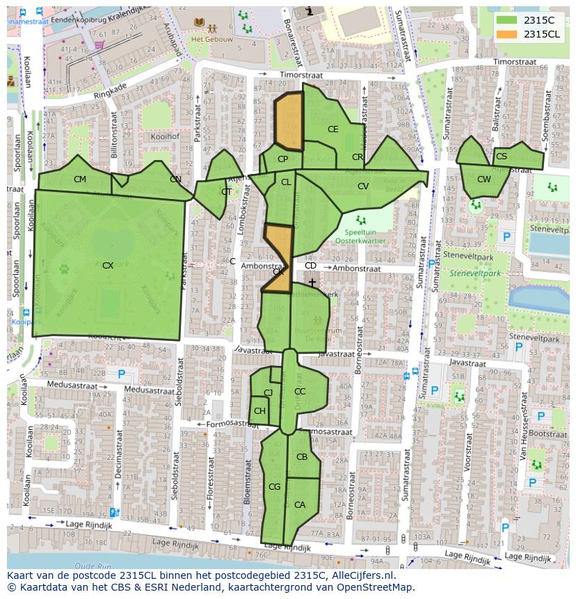 Afbeelding van het postcodegebied 2315 CL op de kaart.
