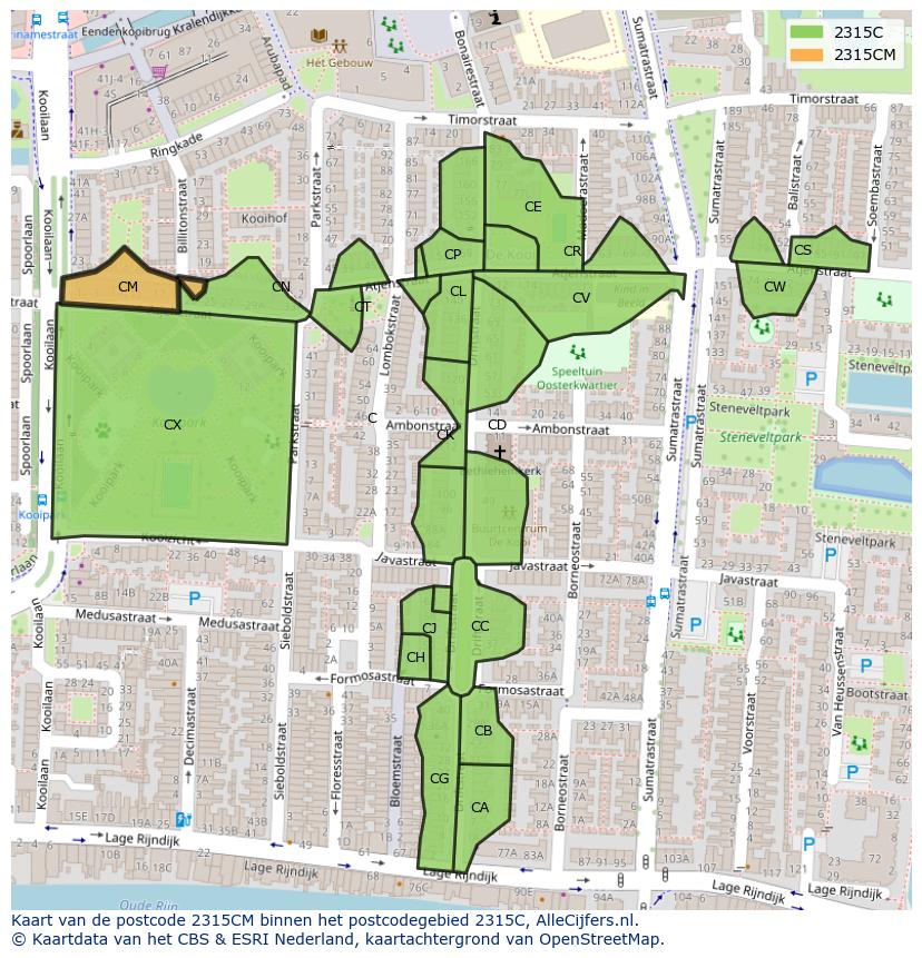 Afbeelding van het postcodegebied 2315 CM op de kaart.