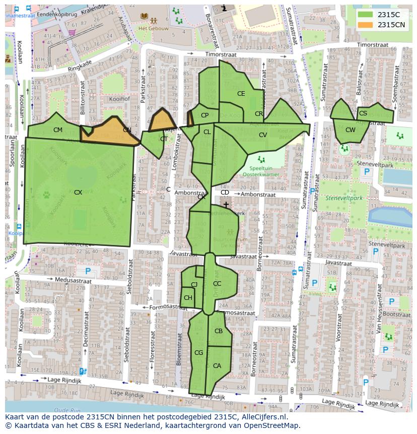 Afbeelding van het postcodegebied 2315 CN op de kaart.
