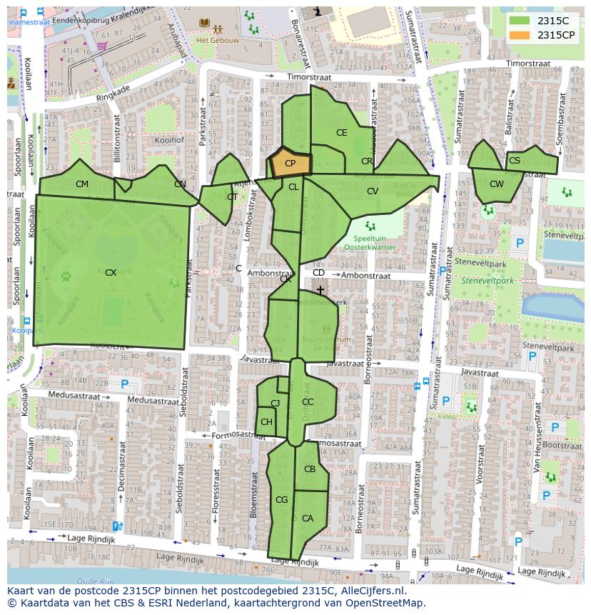 Afbeelding van het postcodegebied 2315 CP op de kaart.