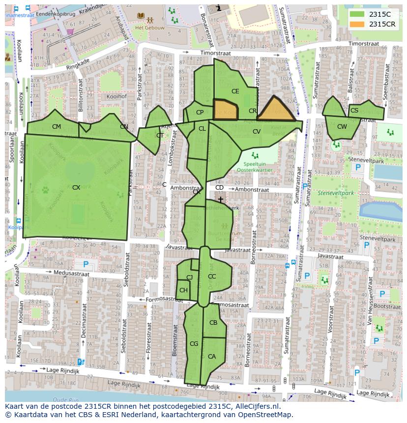 Afbeelding van het postcodegebied 2315 CR op de kaart.
