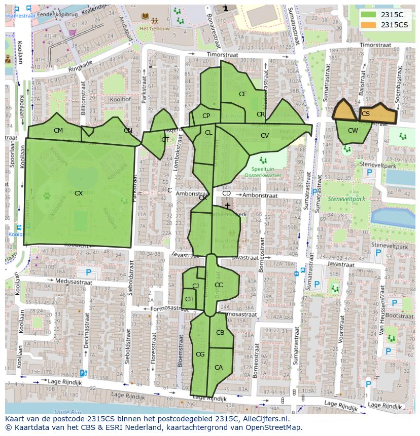 Afbeelding van het postcodegebied 2315 CS op de kaart.
