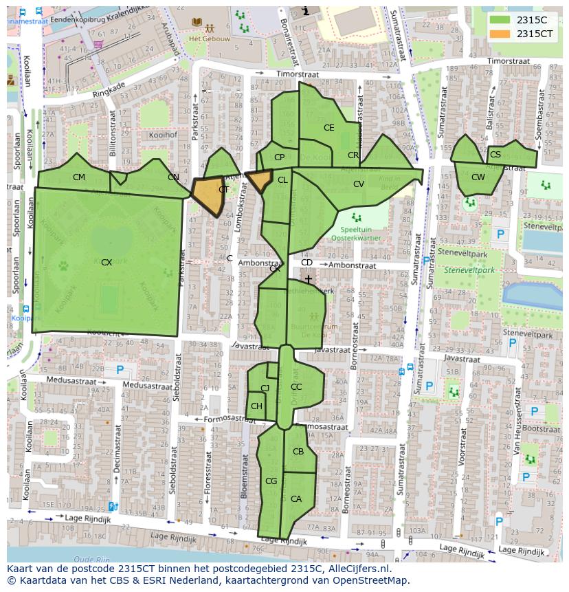 Afbeelding van het postcodegebied 2315 CT op de kaart.