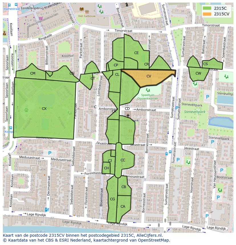 Afbeelding van het postcodegebied 2315 CV op de kaart.