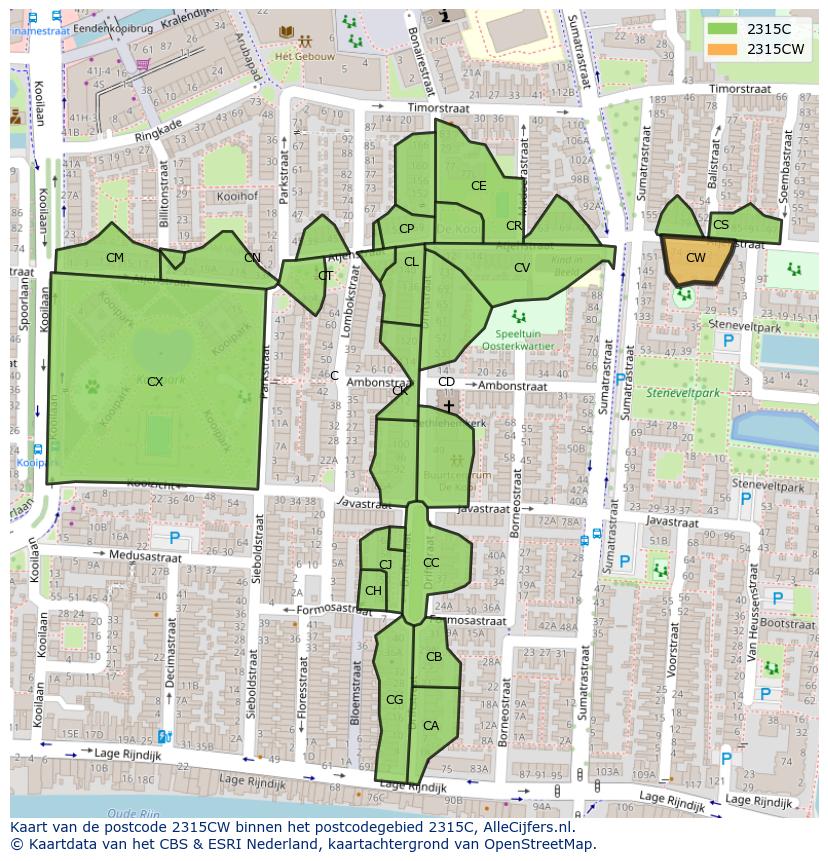 Afbeelding van het postcodegebied 2315 CW op de kaart.