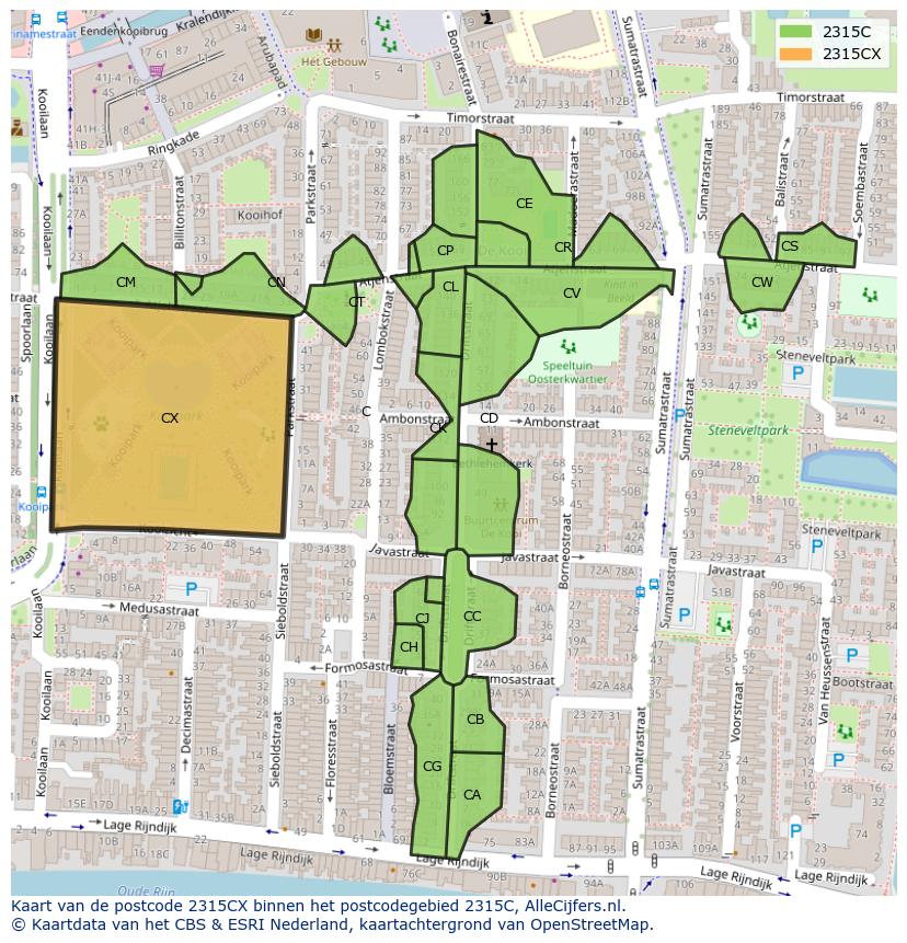 Afbeelding van het postcodegebied 2315 CX op de kaart.