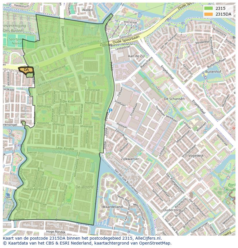 Afbeelding van het postcodegebied 2315 DA op de kaart.