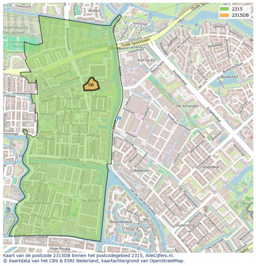 Afbeelding van het postcodegebied 2315 DB op de kaart.