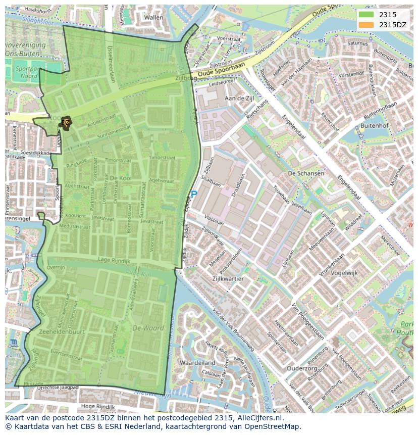 Afbeelding van het postcodegebied 2315 DZ op de kaart.