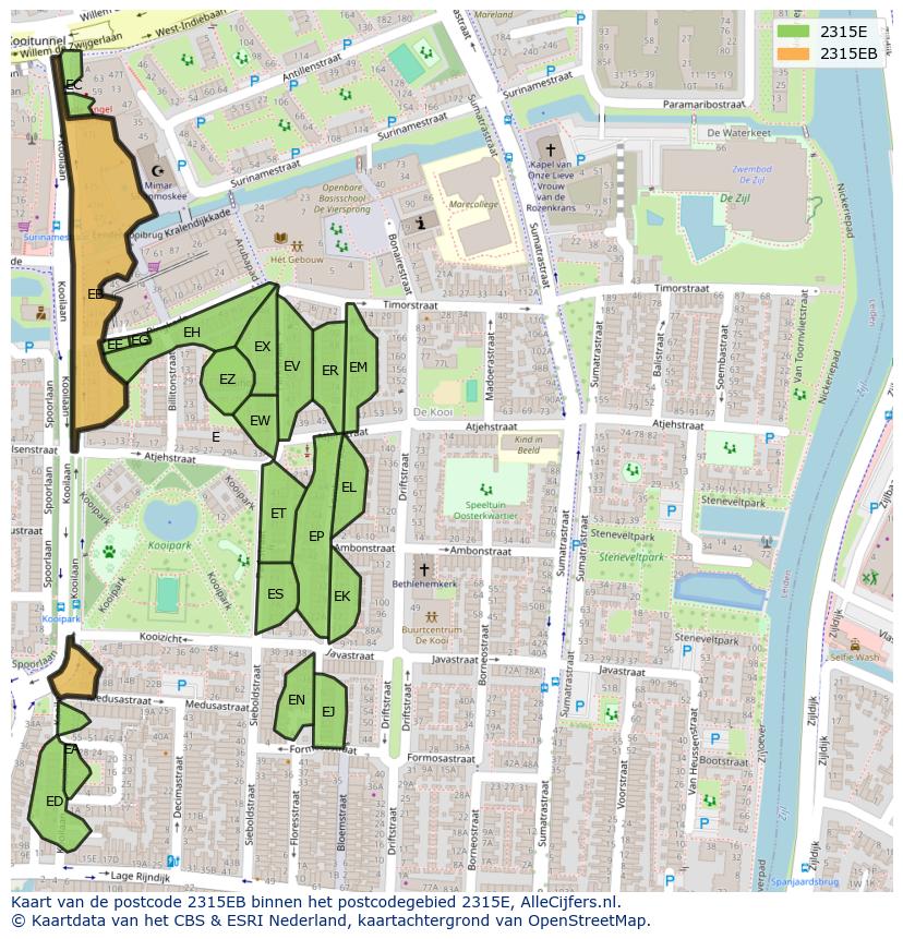 Afbeelding van het postcodegebied 2315 EB op de kaart.