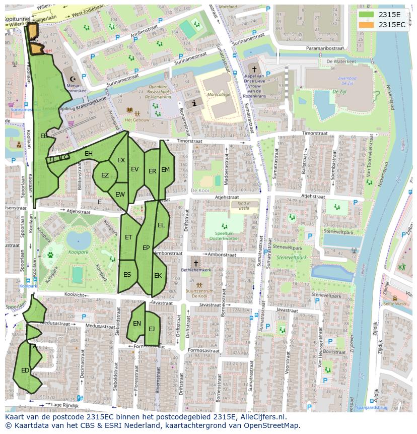 Afbeelding van het postcodegebied 2315 EC op de kaart.