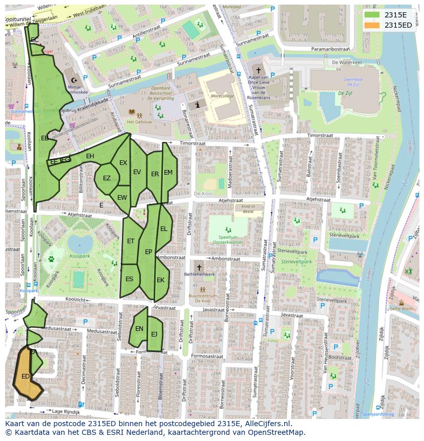 Afbeelding van het postcodegebied 2315 ED op de kaart.