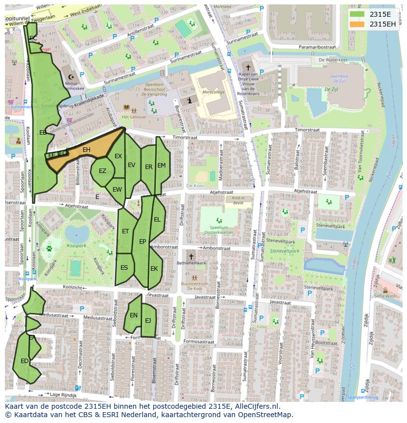 Afbeelding van het postcodegebied 2315 EH op de kaart.