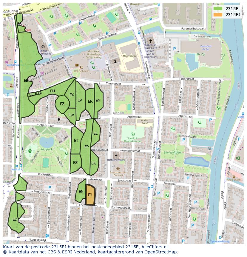 Afbeelding van het postcodegebied 2315 EJ op de kaart.