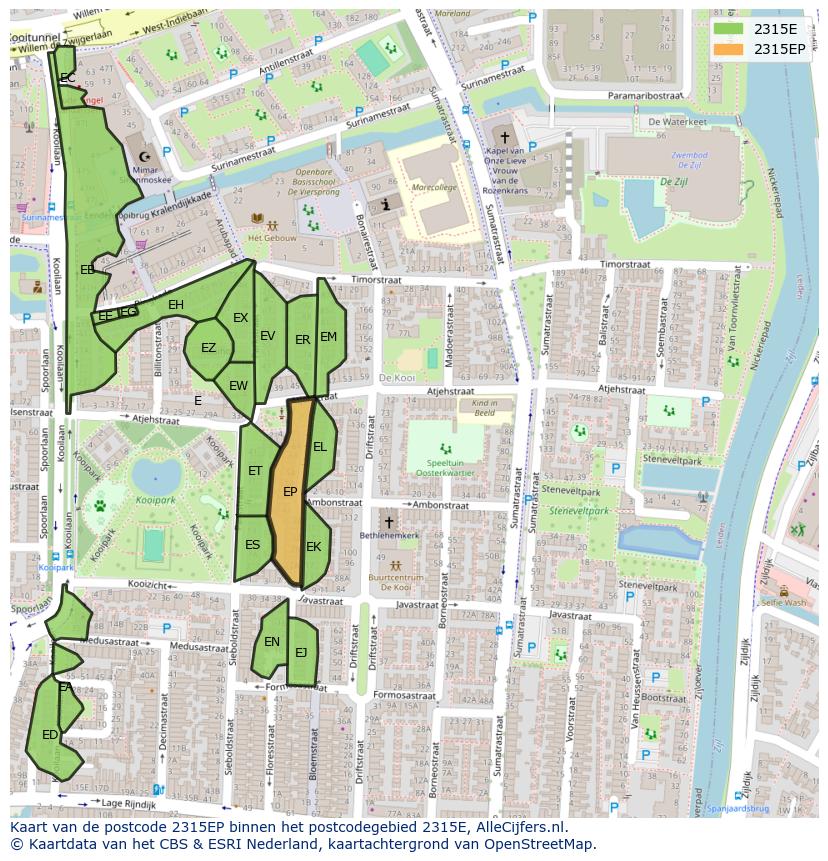 Afbeelding van het postcodegebied 2315 EP op de kaart.