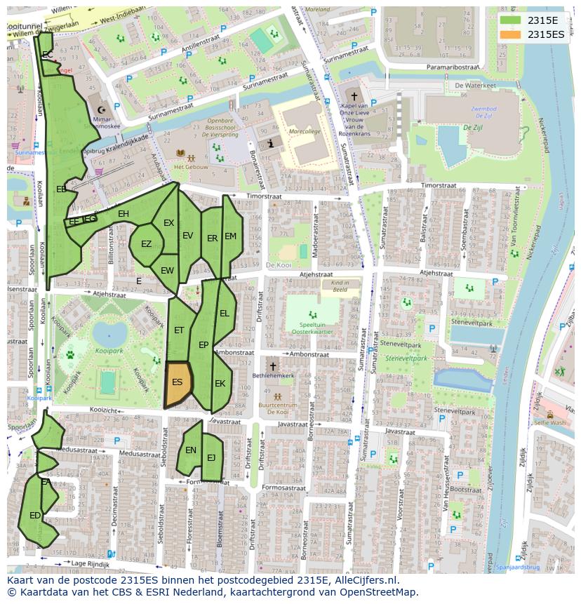 Afbeelding van het postcodegebied 2315 ES op de kaart.
