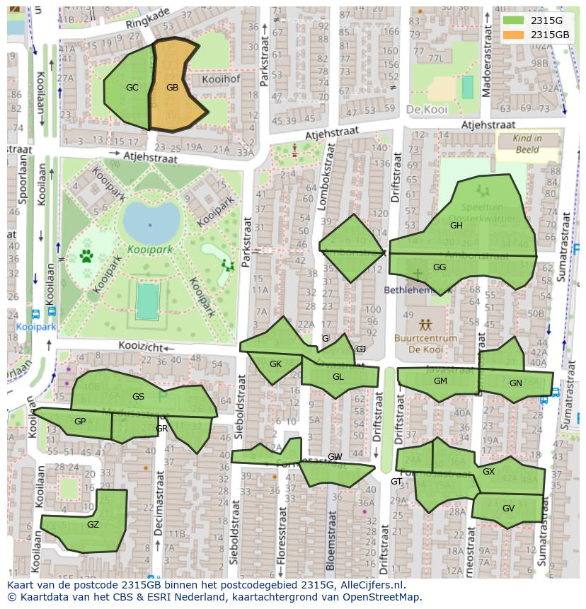 Afbeelding van het postcodegebied 2315 GB op de kaart.