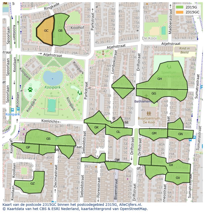 Afbeelding van het postcodegebied 2315 GC op de kaart.