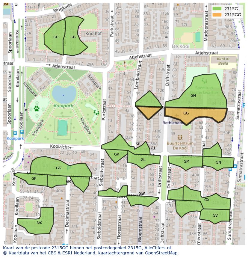 Afbeelding van het postcodegebied 2315 GG op de kaart.