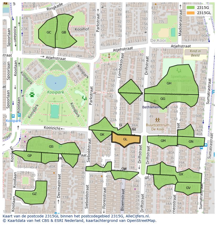Afbeelding van het postcodegebied 2315 GL op de kaart.