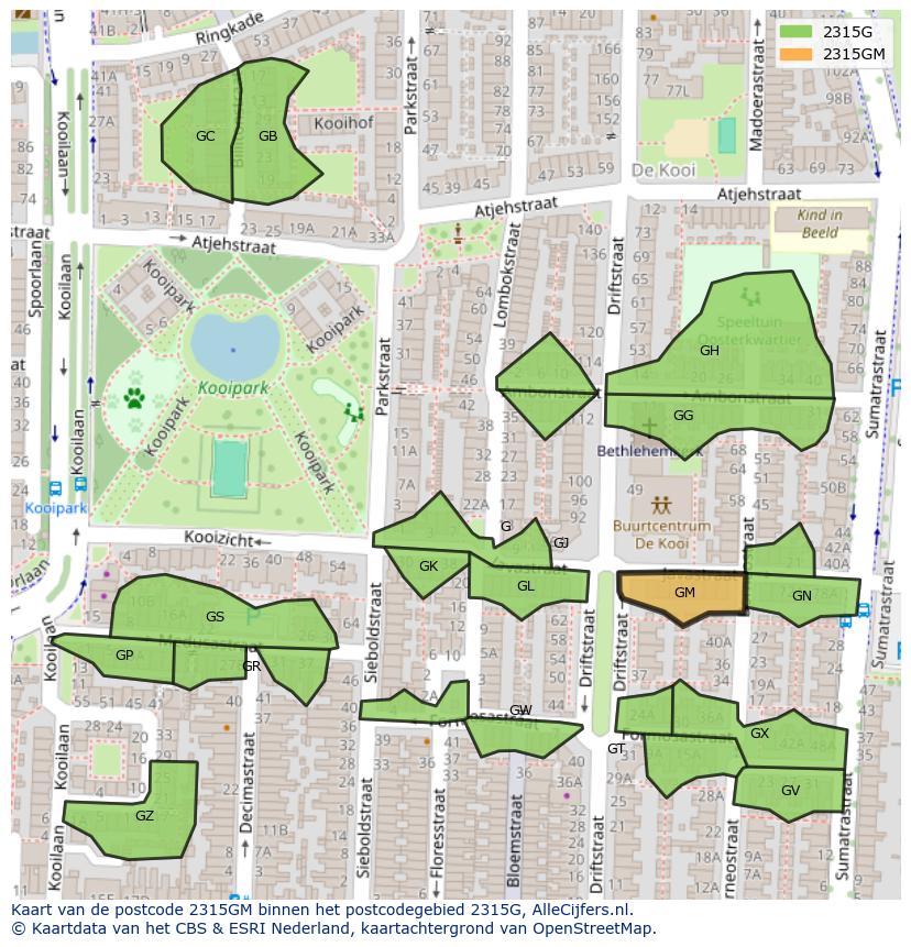 Afbeelding van het postcodegebied 2315 GM op de kaart.
