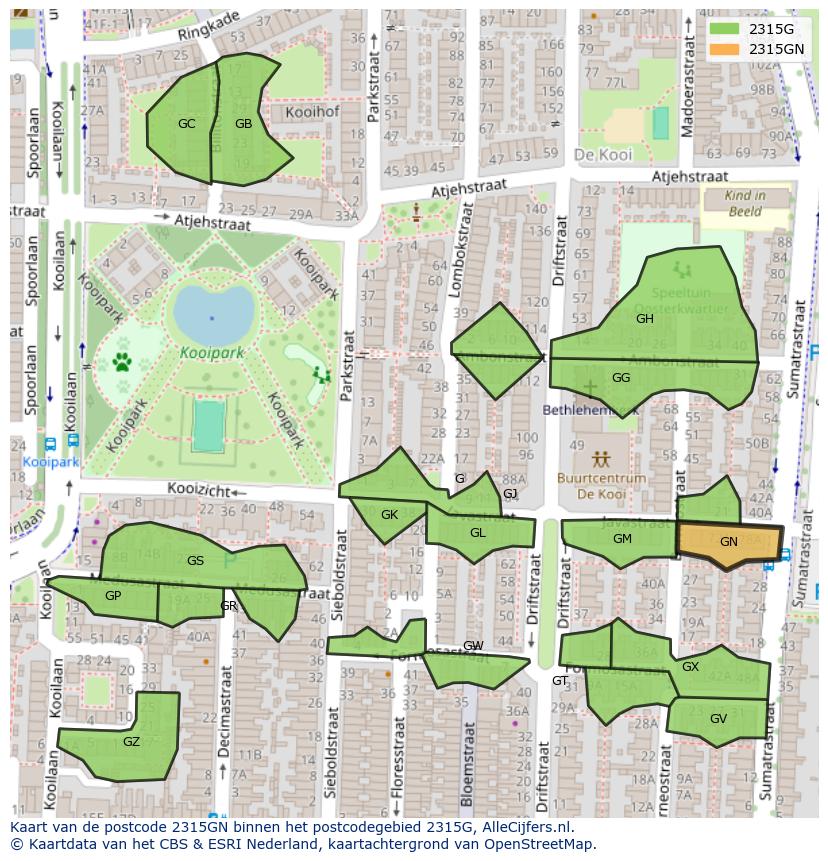 Afbeelding van het postcodegebied 2315 GN op de kaart.