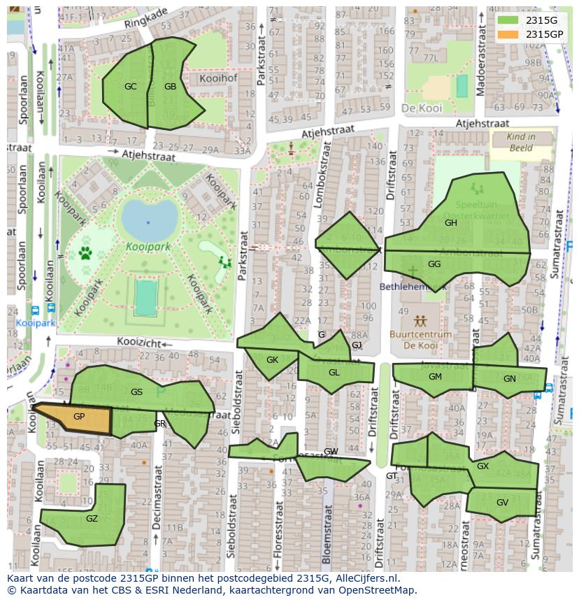 Afbeelding van het postcodegebied 2315 GP op de kaart.