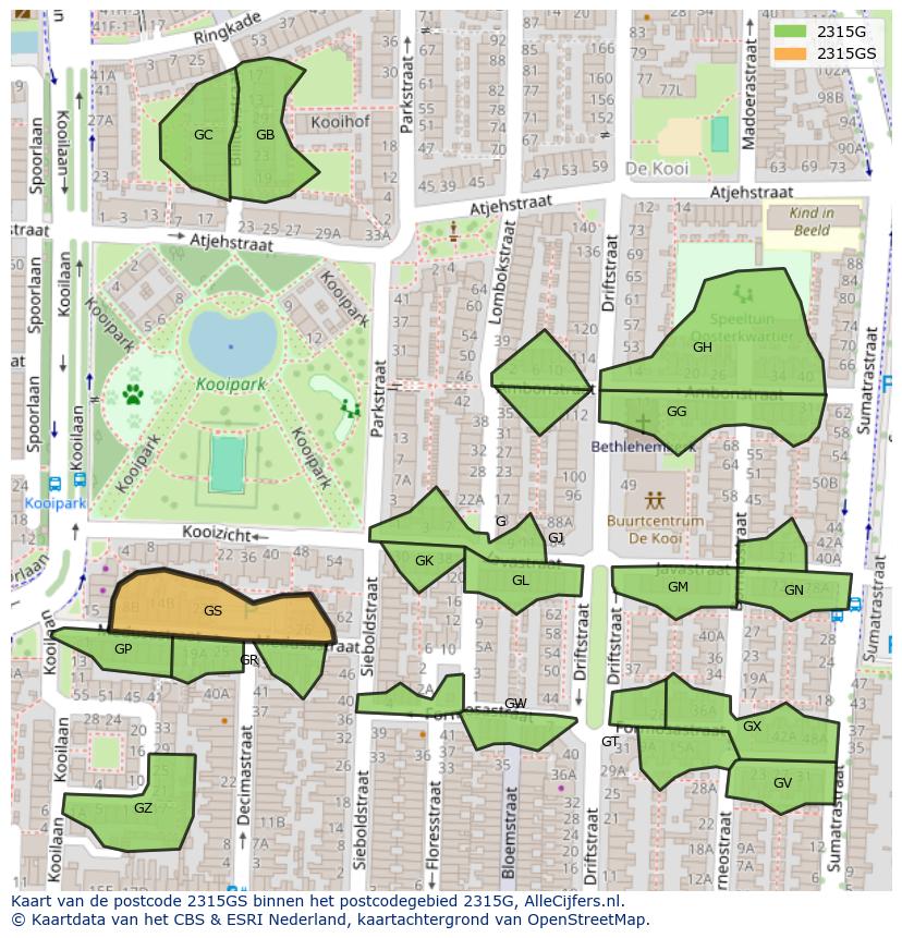 Afbeelding van het postcodegebied 2315 GS op de kaart.