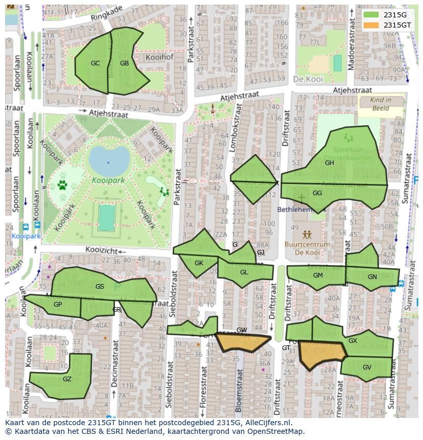 Afbeelding van het postcodegebied 2315 GT op de kaart.