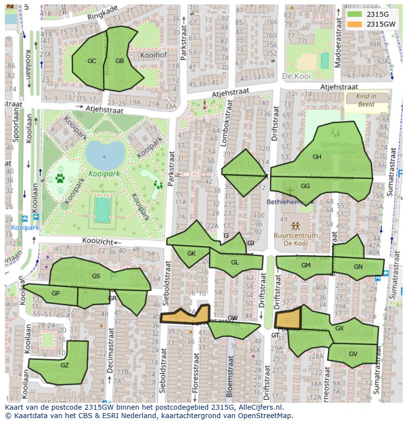 Afbeelding van het postcodegebied 2315 GW op de kaart.