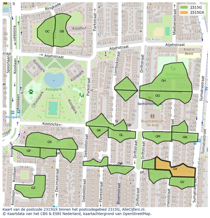 Afbeelding van het postcodegebied 2315 GX op de kaart.