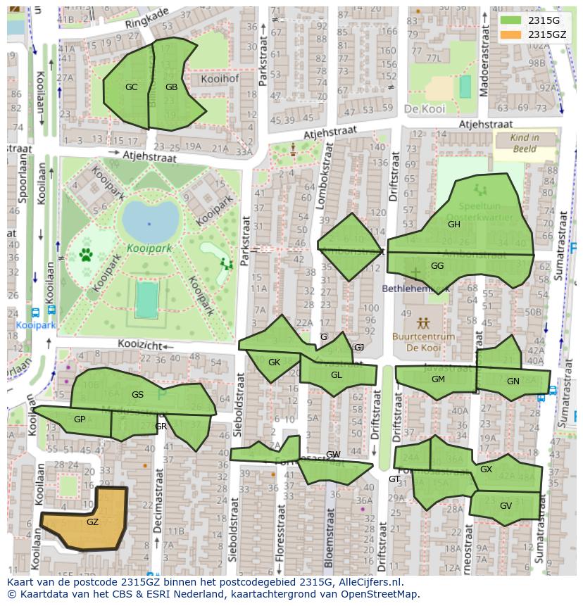 Afbeelding van het postcodegebied 2315 GZ op de kaart.