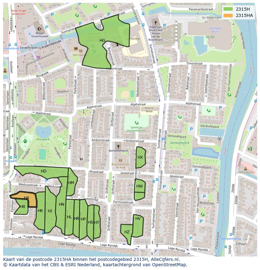 Afbeelding van het postcodegebied 2315 HA op de kaart.
