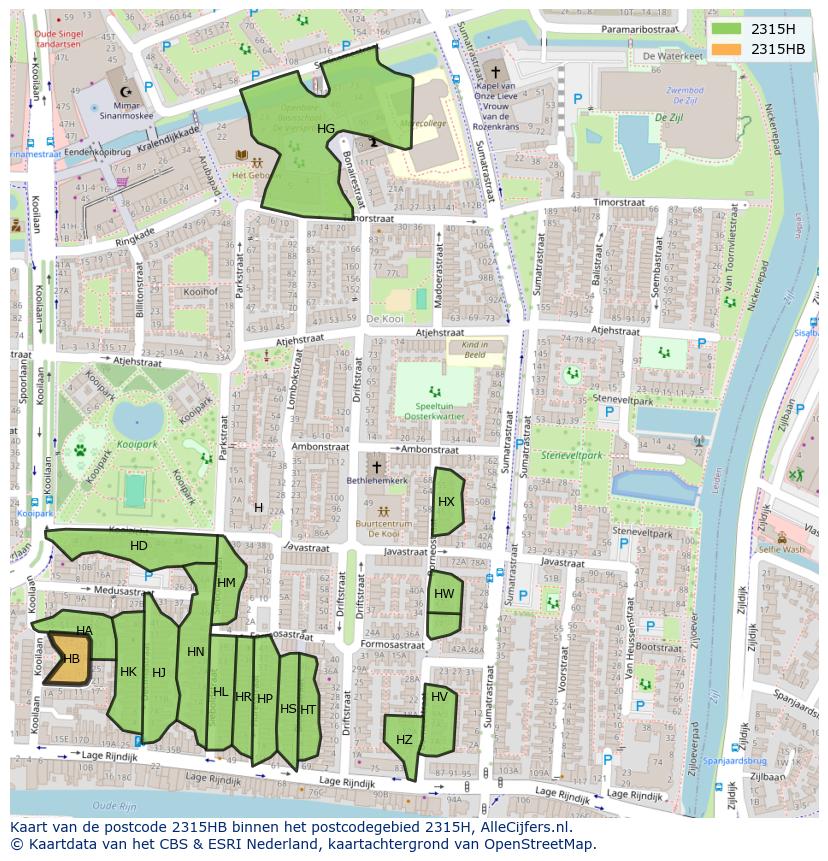 Afbeelding van het postcodegebied 2315 HB op de kaart.
