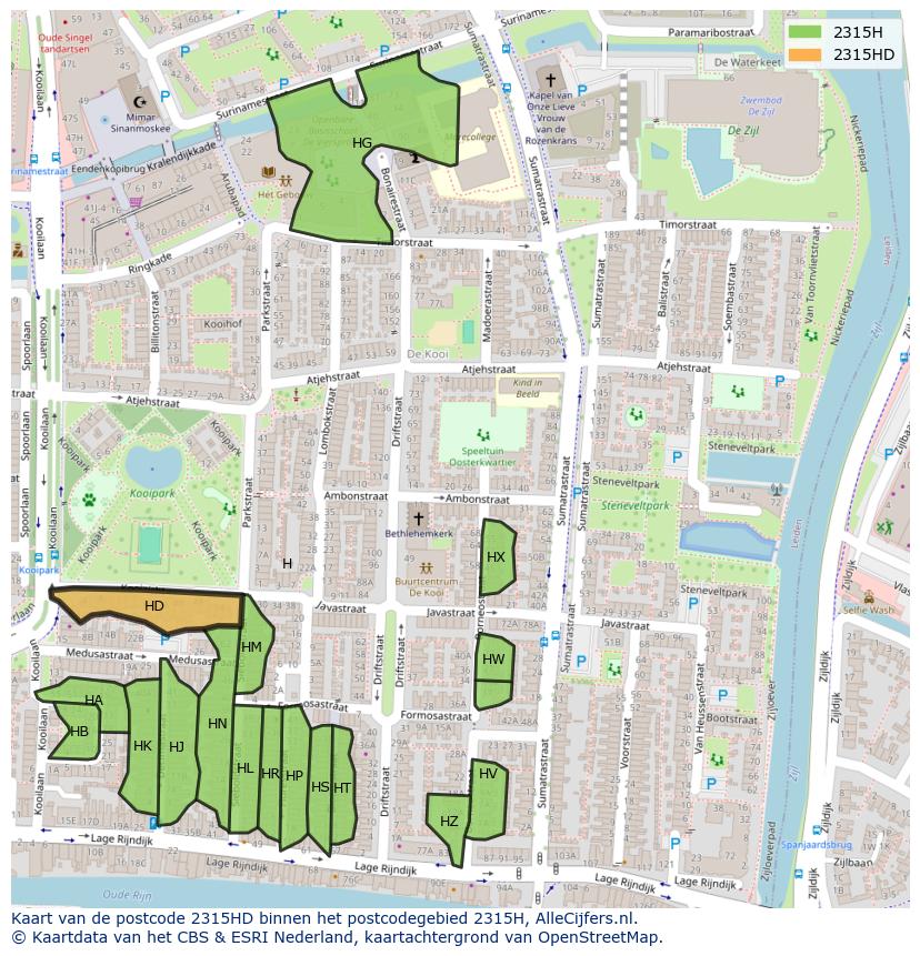 Afbeelding van het postcodegebied 2315 HD op de kaart.