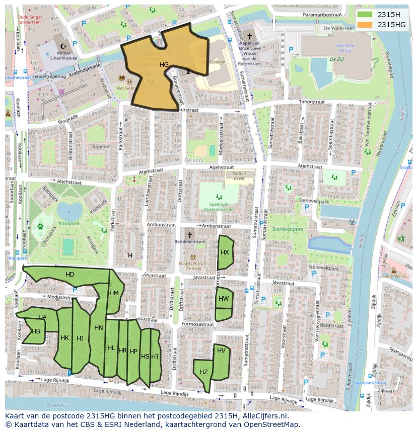 Afbeelding van het postcodegebied 2315 HG op de kaart.