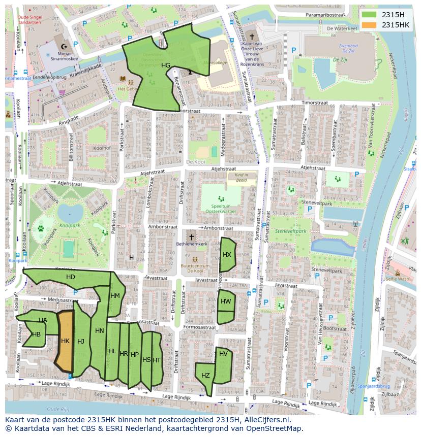 Afbeelding van het postcodegebied 2315 HK op de kaart.